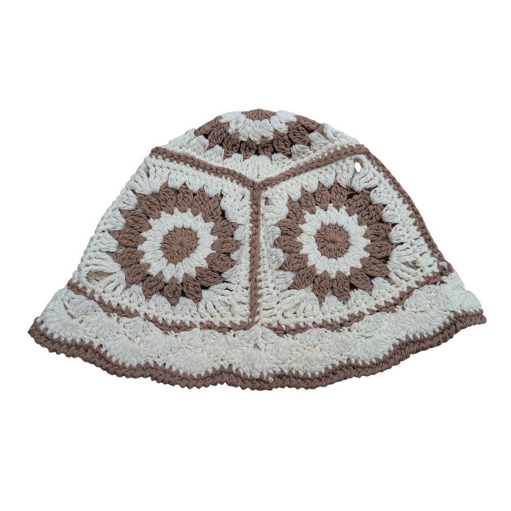 Crochet Granny Square Bucket Hat Boho Brown Cream 70s Retro Festival Cottagecore
